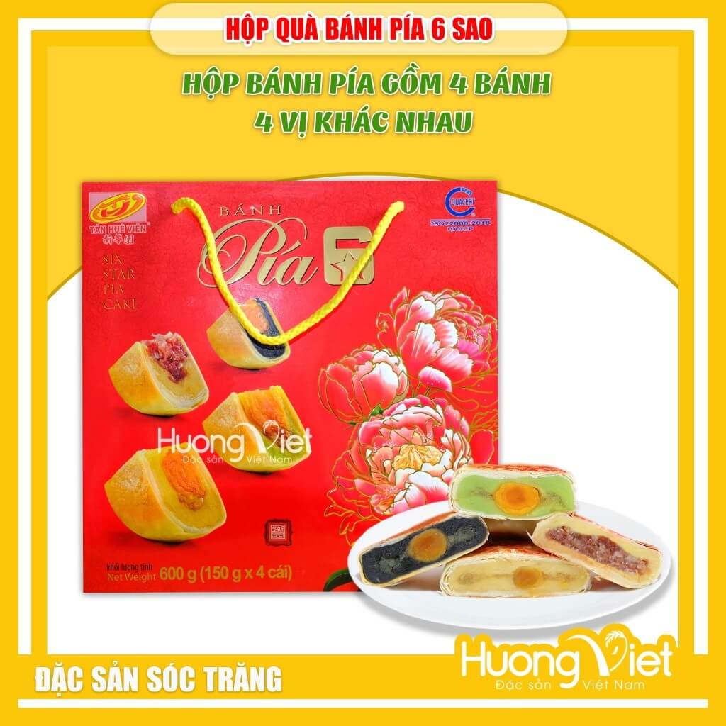 Hộp quà bánh pía 6 sao 4 bánh 4 vị Tân Huê Viên 600gr