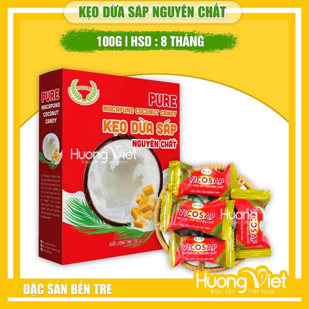 Kẹo dừa sáp Vicosap Trà Vinh vị nguyên chất (Hộp 100g)