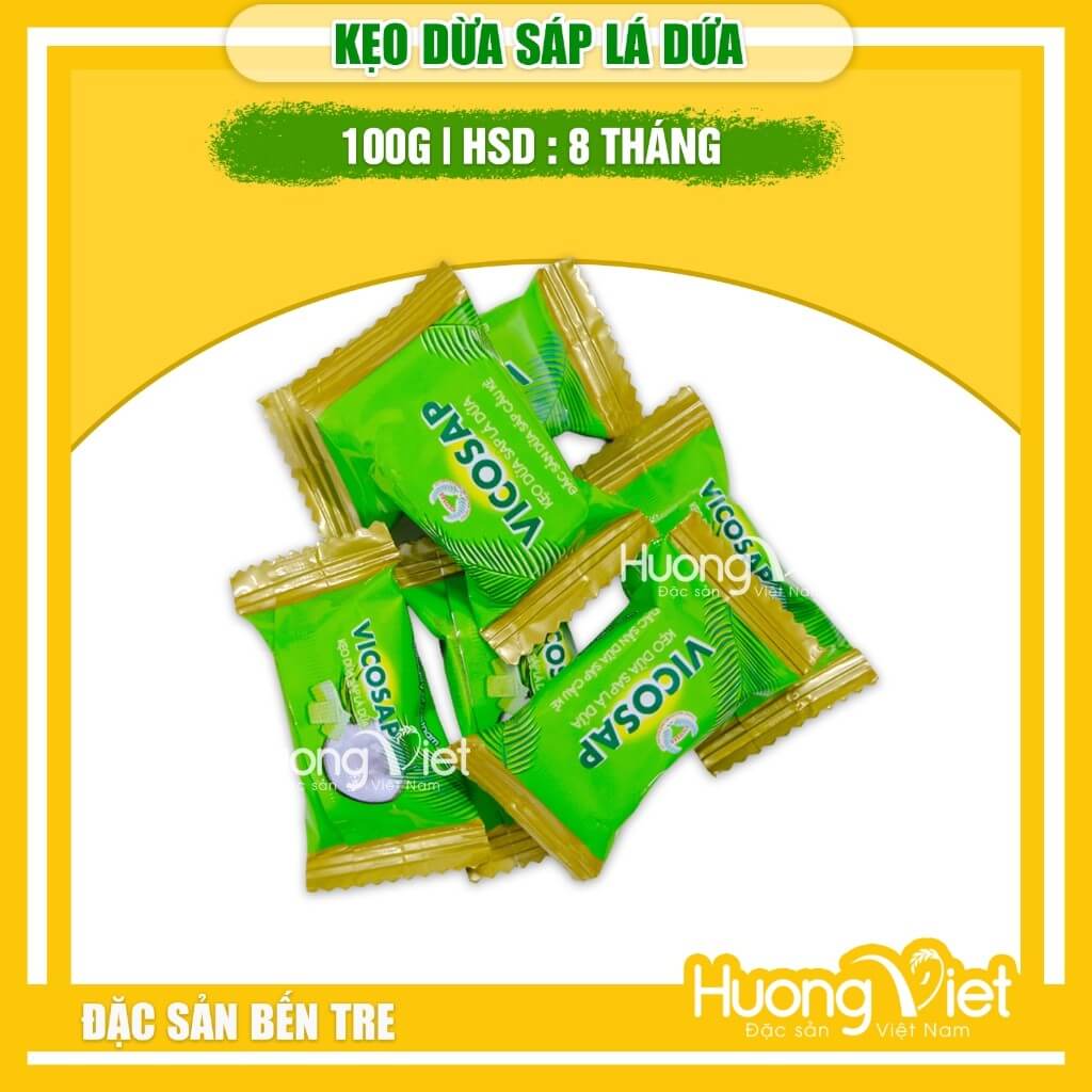Kẹo dừa sáp Vicosap Trà Vinh vị lá dứa (Hộp 100g)