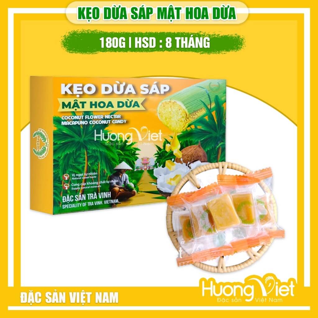 Kẹo dừa sáp Vicosap Trà Vinh vị mật hoa thốt nốt (Hộp 180g)