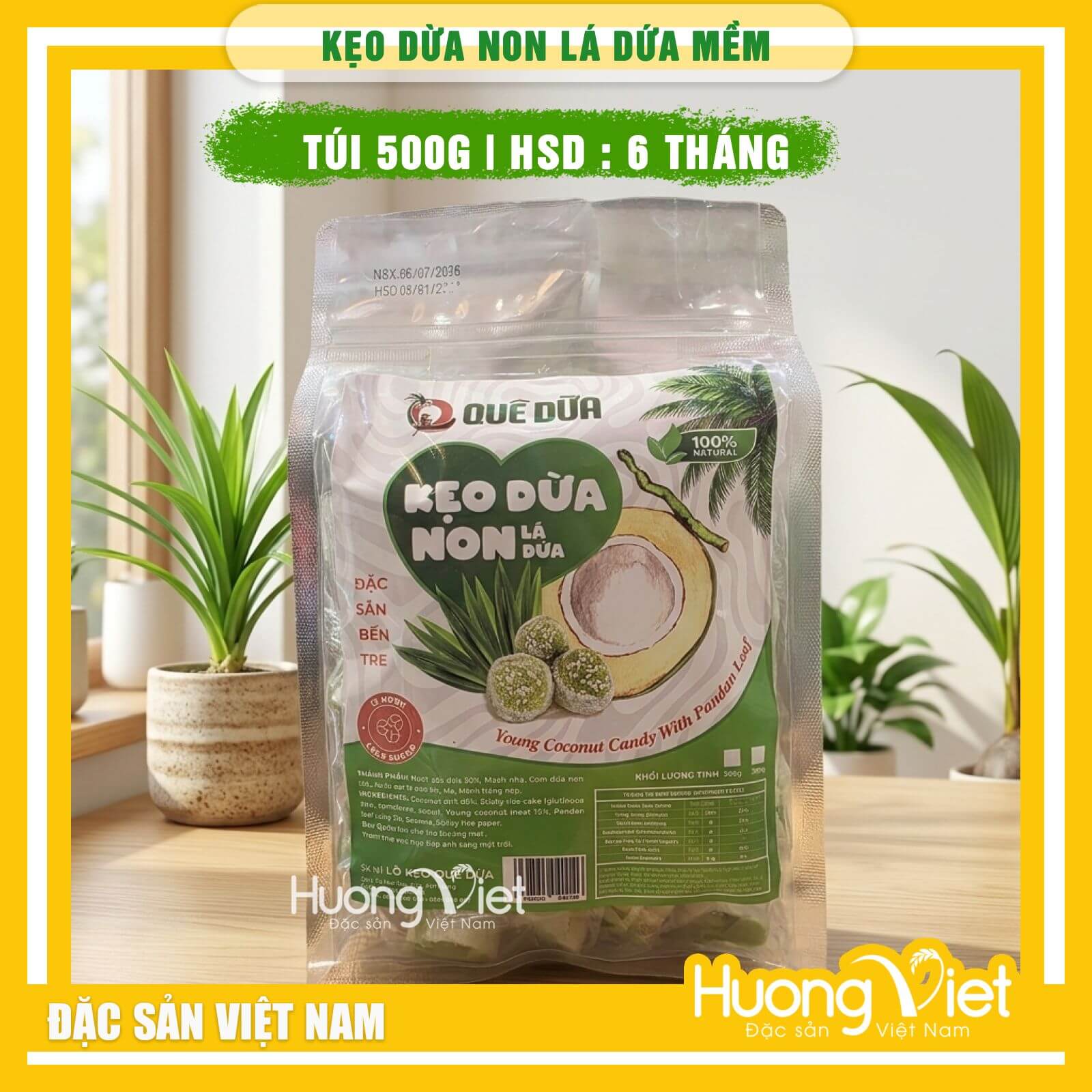 Kẹo dừa non Lá Dứa Bến Tre  - Hiệu Quê Dừa (Túi 500g)